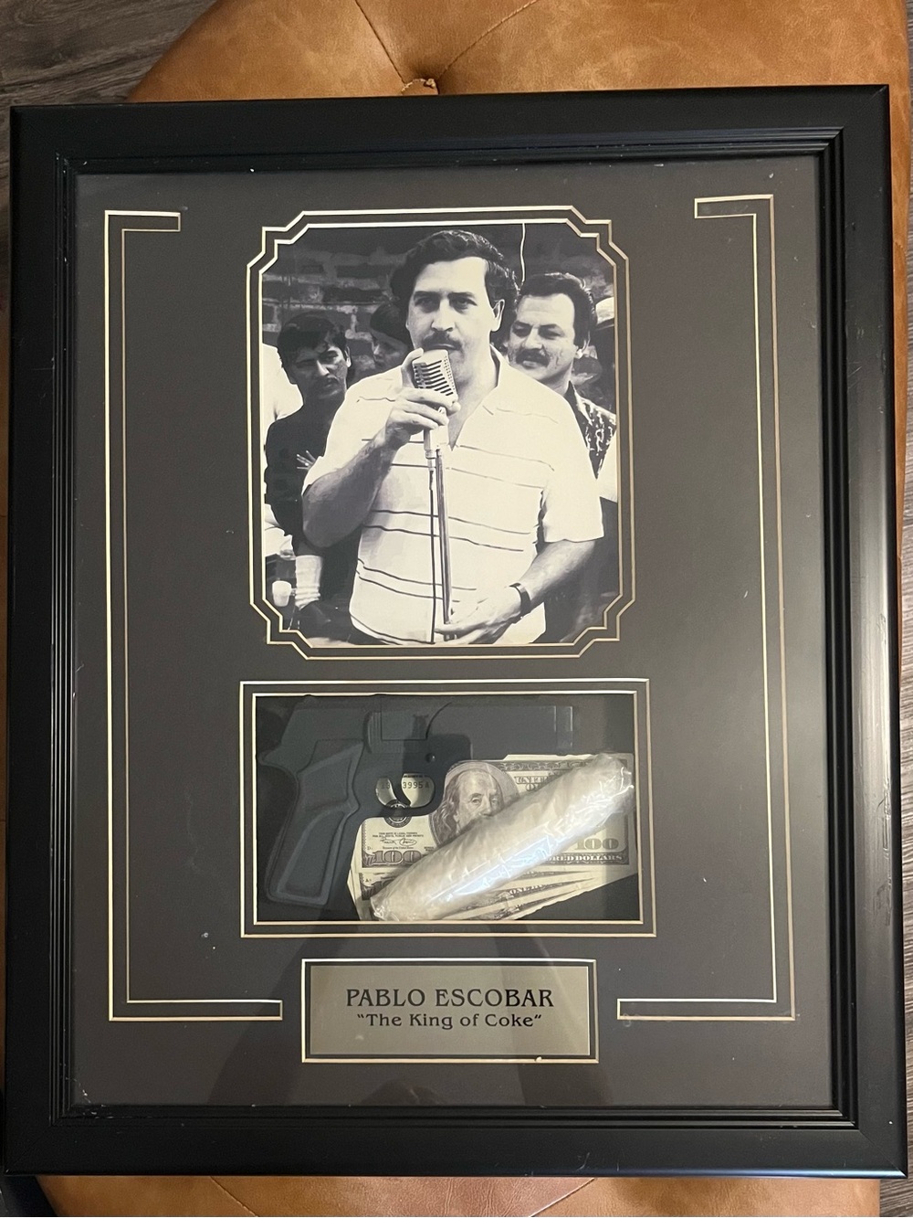 Pablo Escobar Framed Wall Art with Photo and Memorabilia - Black/Gold Mat